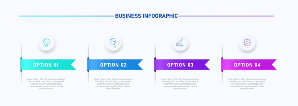 Clean and modern business infographic template featuring 4 step ribbon elements with colorful gradient design.