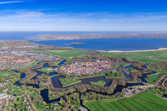 Naarden-Vesting Spectacular High Aerial Star Fortress with Markermeer and Wind Turbines Netherlands