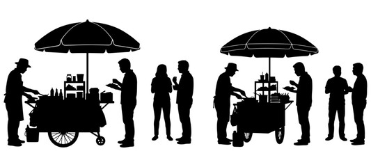 Street food cart silhouette vector, Black silhouette vector illustrations depicting street food carts with vendors and customers © Nayan