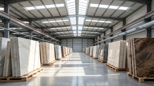 Rows of various polished marble slabs and natural stone materials stored in a modern warehouse for construction projects
