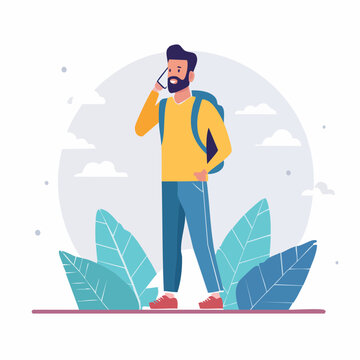 Man with Backpack Talking on Phone Outdoors