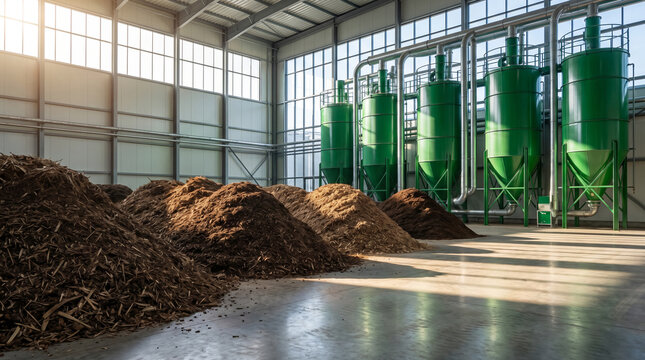 Modern industrial facility storing wood chips for biomass energy. Green silos and large windows
