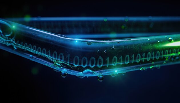 Close up view of a transparent glass conduit containing glowing binary code digits zeros and ones with water droplets and condensation on the surface in blue and green light.