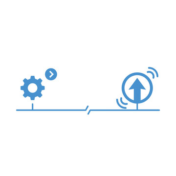 Delayed system response icon, long line ending in gear and arrow illustration for dynamics workshop, time lag effect vector design
