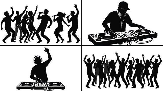 DJ and dancing crowd silhouette vector collection featuring nightclub party music entertainment and performance scenes