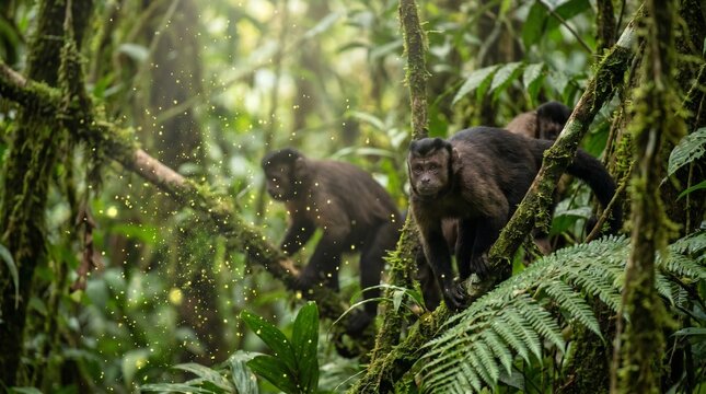 Two gorillas sitting on branches in a misty rainforest during rainfall