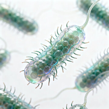 Under a high-powered microscope, Escherichia coli appears as a rod-shaped bacterium covered in flagella. Its cell membrane is translucent, and its internal structure is clearly visible.