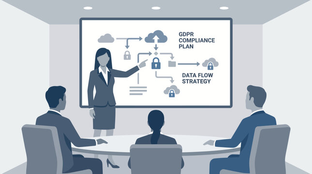 Business meeting about GDPR compliance plan and data flow strategy with a presentation on screen