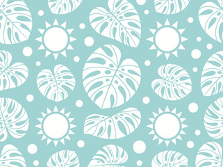 Tropical Seamless Pattern with White Monstera Leaves and Suns on Teal Background © Tita