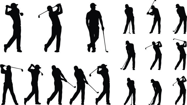 Golf player silhouette vector collection featuring golfer swing poses isolated sports activity illustration set
