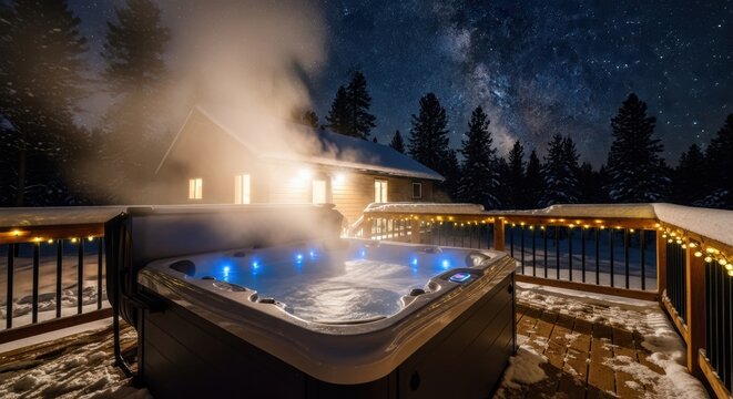 A hot tub on a deck under the stars, steam rising into the cold night air, with the cabin's warm light spilling out from behind.