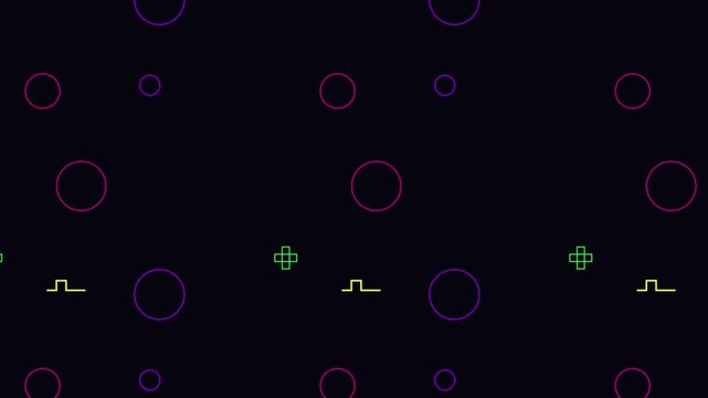 Dynamic abstract motion background with futuristic colorful neon geometric shapes scrolling endlessly