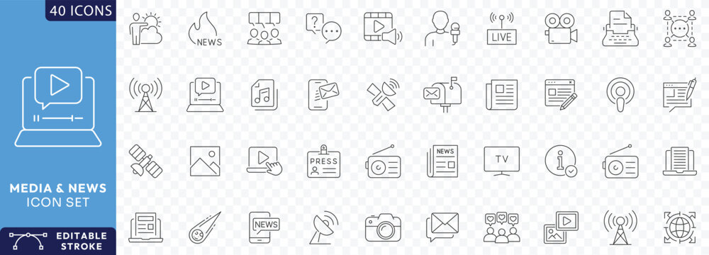 Media and news icon set. Containing News, Television, blogging, social media, video, promotion Etc. Fully Editable. Vector illustration