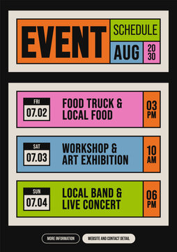 Event schedule poster template design with colorful bento grid modern retro style on black background