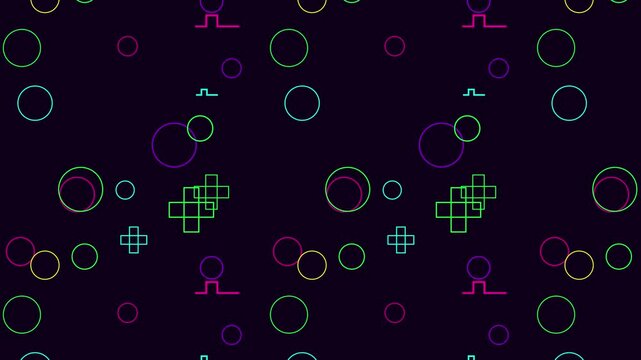 Vibrant abstract pattern of glowing neon circles and crosses constantly shifting and moving in seamless loop