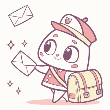 Adorable postman character with mailbag and letters.