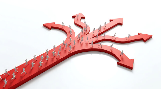 3D illustration of people running on red arrows representing different life choice directions