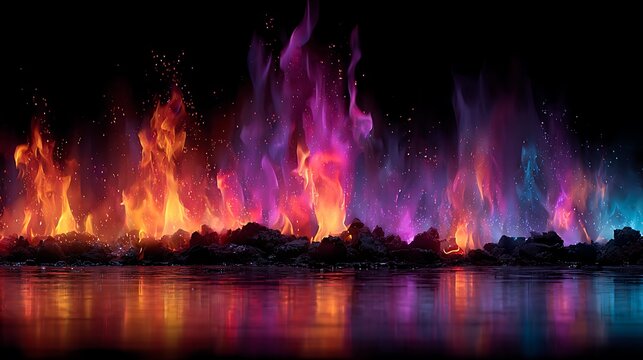 Colorful flames in orange purple and blue reflecting on a dark wet surface fire vibrant