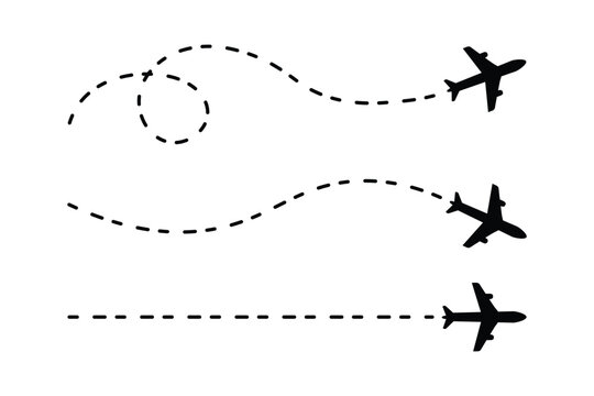 Airplane with trail path, Plane route symbol with dotted line, air travel, flight path. Transparent PNG and vector illustration