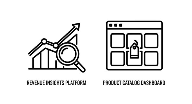 Revenue insights platform and product catalog dashboard icons with insights