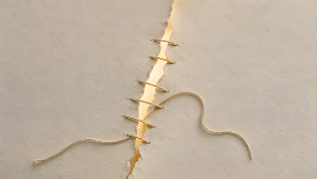 Torn handmade paper stitched together with warm light below