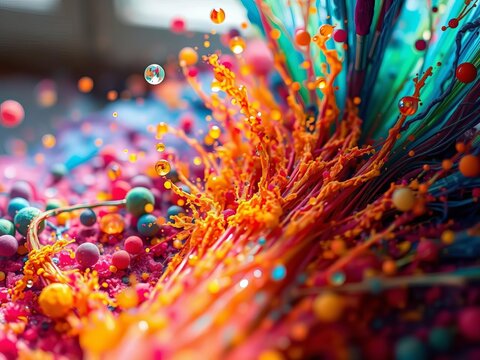 Brush dances, coaxing luminous, tactile worlds into being Extreme close-up reveals kaleidoscope of pigment, an explosion of textured artistry ,  color explosion,  unique composition