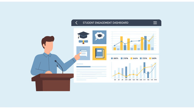 Male teacher presenting student engagement dashboard with graphs and icons, digital education concept