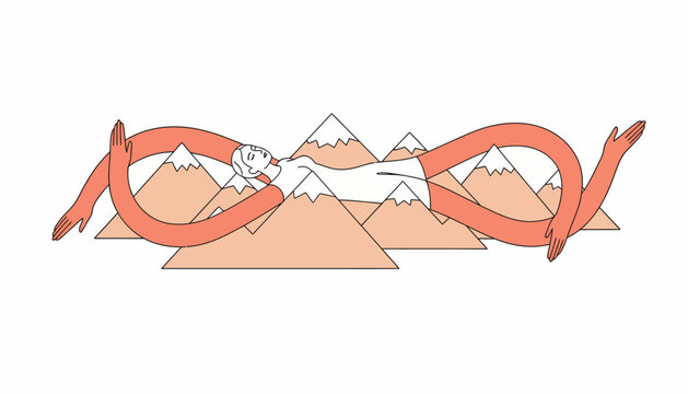 Abstract illustration of a person with long flexible arms reclining over geometric snow-capped mountains, featuring clean line art and a peach and white color palette.