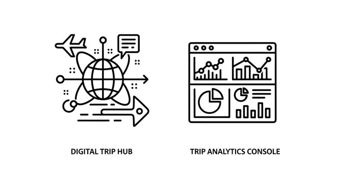 Digital trip hub and analytics console line icons with analytics, navigation