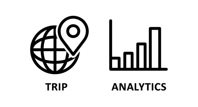 Trip location analytics and travel data statistics icons with analytics