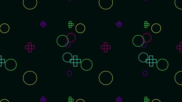 Vibrant neon cyberpunk geometric shapes rotating on a dark background with a seamless loop motion graphic