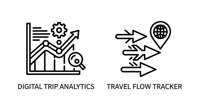 Digital trip analytics charts with gear and magnifying glass, travel flow
