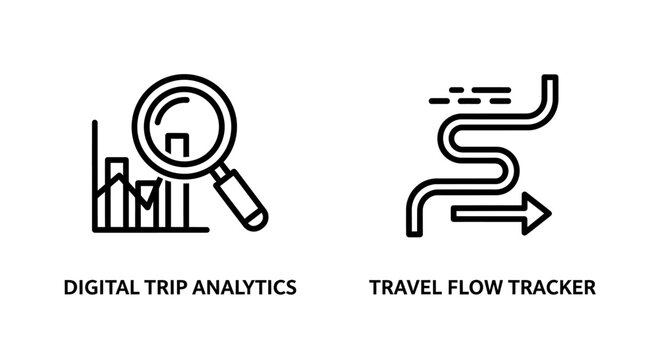 Digital trip analytics magnifying glass over bar chart and travel flow tracker