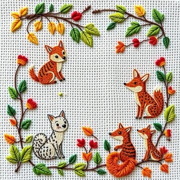 Hand-stitched embroidery patterns featuring woodland creatures and leaves,  woodland creatures,  craft