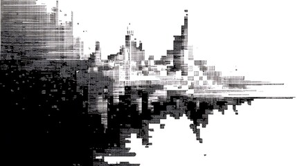 Fototapeta premium Glitched abstract monochrome of fragmented structures resembling a city skyline