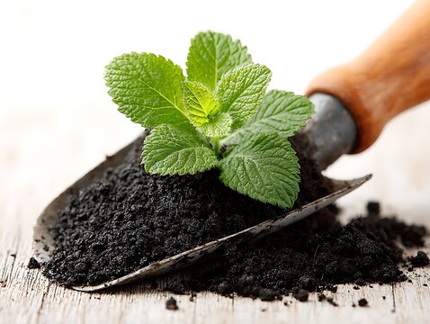 Green mint plant growing in rich dark soil on a garden trowel with wooden handle on white background