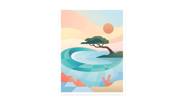 Bold vector artwork captures Aruba&rsquo;s turquoise shores, divi-divi trees, pastel skies, and geometric elegance beautifully.