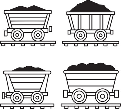 Set of four coal mining wagons outlined graphic illustrations on rails transporting mineral fuel.
