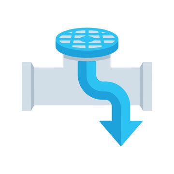 Stormwater drain icon, inlet grate directing flow into pipe, urban infrastructure workshop, civil engineering session, runoff management diagram, vector illustration
