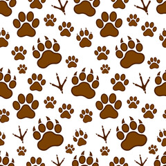 Fototapeta premium Seamless pattern of brown bear paw prints and bird footprints on a white background
