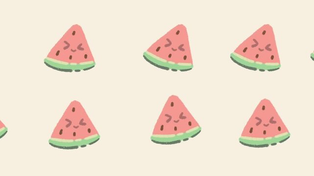 Cute Hand Drawn Pink Watermelon Slices with Smiling Faces Seamless Looping Animation Background Childlike Pencil Doodle Style
