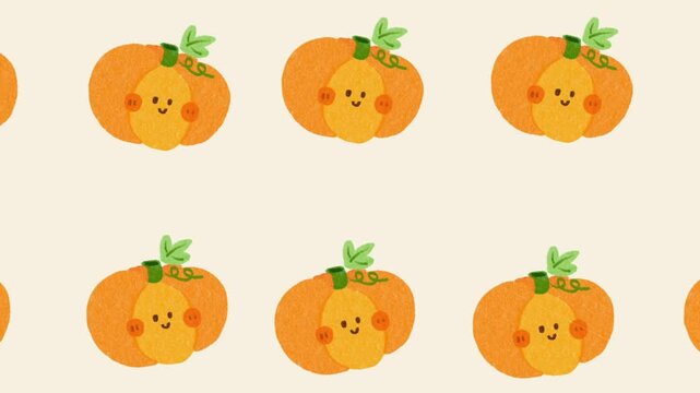 Cute Hand Drawn Orange Pumpkins with Smiling Faces Seamless Looping Animation Background in Childlike Pencil Doodle Style