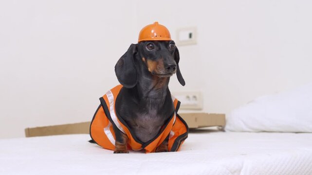 Adorable black dachshund dog wearing orange construction hardhat and reflective safety vest sitting on white bedsheet, builder pet concept, occupation humor.