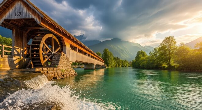Wooden covered bridge with a waterwheel over a river