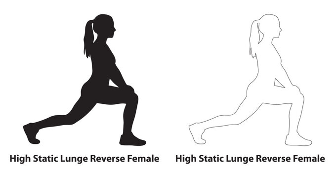 High Static Lunge Reverse Female Exercise Diagram Illustrating Proper Form for Leg Strength and Balance in Solid and Outline Silhouette Styles