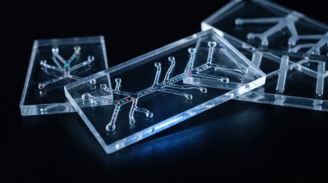 Three transparent microfluidic chips with intricate branched micro-channels and colorful microscopic particles on a black background, used in biotechnology and medical labs.