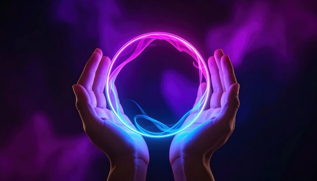 Mystical Orb Held Between Two Hands Glowing With Neon Light.