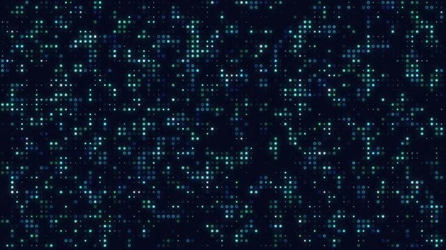 An abstract motion background featuring a flickering grid of blue and teal digital dots. Perfect for technology, data processing, cyber security, and futuristic concepts.