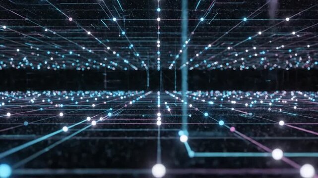 Animated abstract technology dark background with glowing grid and random digital dots, futuristic data network motion loop in 4K resolution
