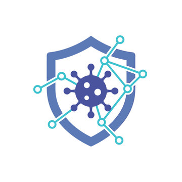 Healthcare security shield icon, pathogen detection with circuit nodes, ai surveillance, biosecurity seminar, threat monitoring workshop, safety session, vector illustration